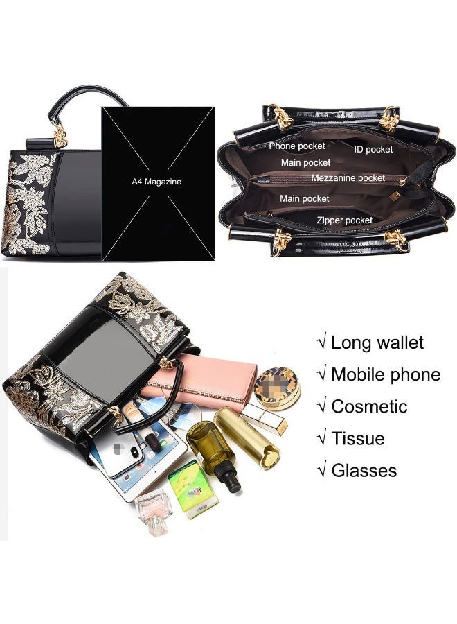 Patent Leather Handbag for Women Tote Bags Sequin Embroidery Satchel Bag Top Handle Bag Gorgeous Shoulder Bag Purse - Image 4